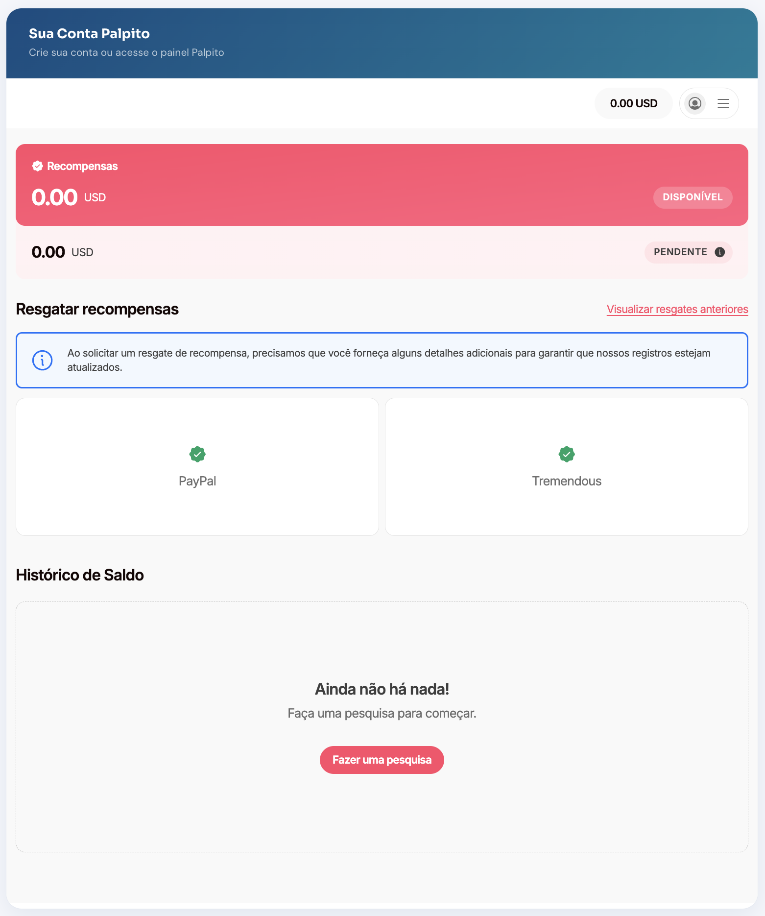 Área de recompensas do painel Palpito