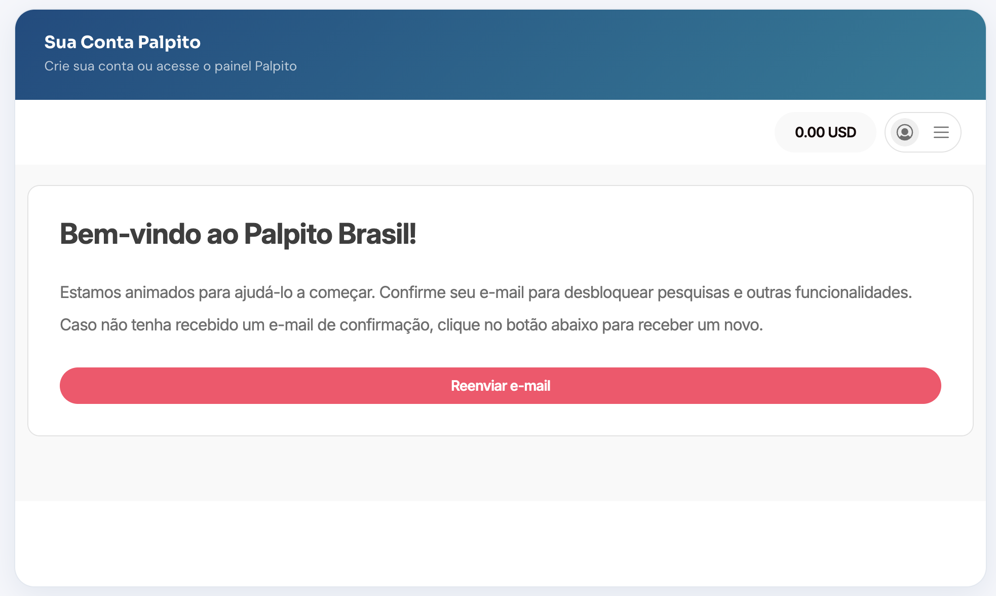 Tela do Palpito pedindo confirmação de e-mail do cadastro